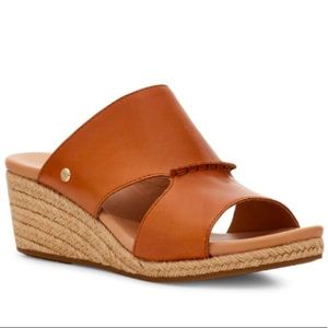 UGG Women's Tan Leather Espadrille Wedge Slide Sandals